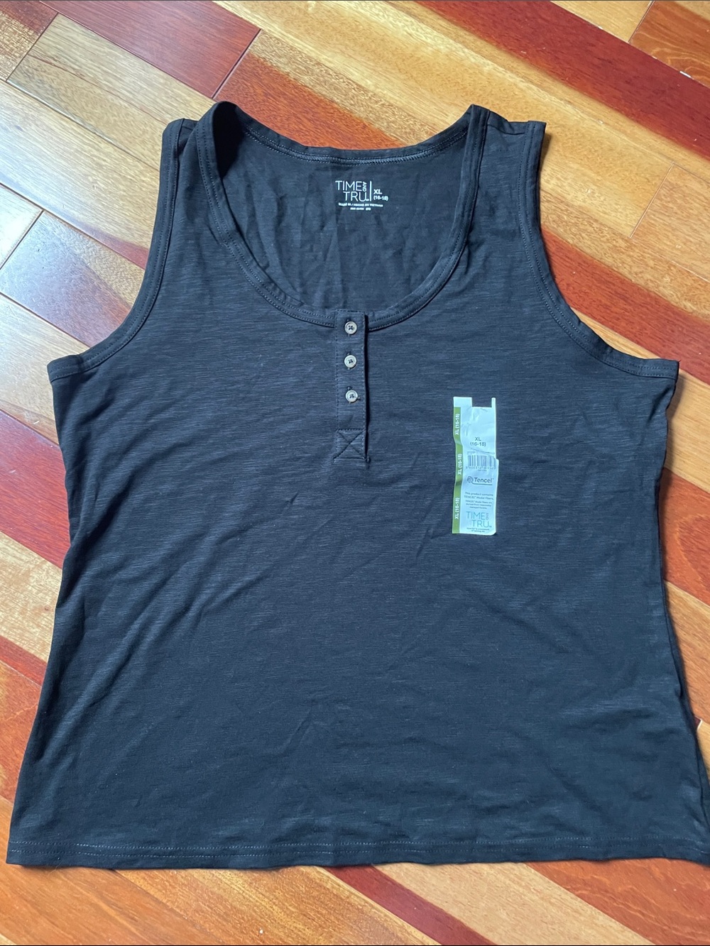Time and Tru Black Henley Button Tank Top
